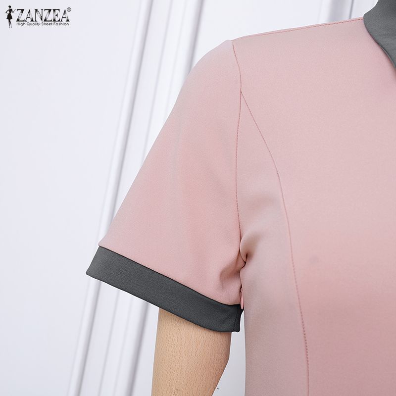 ZANZEA Women Summer Casual Short Sleeve Splice Polo Dress