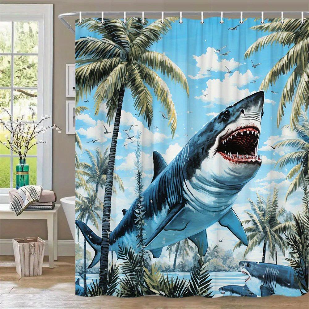 1 Stück Haiangriff Duschvorhang - Tropische Palme & Weißer Hai Design, Blaue Himmels- & Ruhige See Szene, 180X180CM