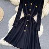 Autumn Winter High Waist Knitted Umbrella A-line Dresses 2025 New Buttons O-neck Long Sleeve Loose Sweater Dress Female