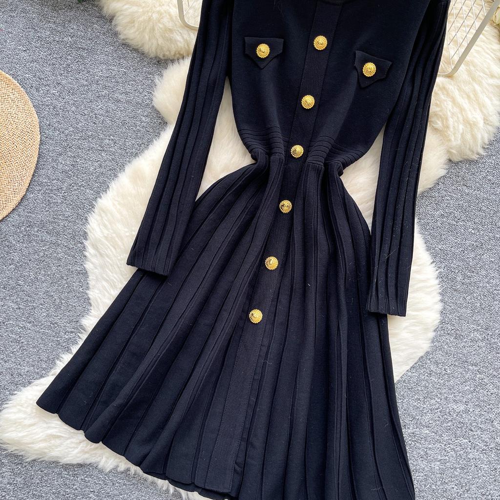 Autumn Winter High Waist Knitted Umbrella A-line Dresses 2025 New Buttons O-neck Long Sleeve Loose Sweater Dress Female