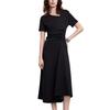 Black Dress with Gathered Front Casual [ELLE] Women's Short-Sleeved Waist, Slit, Knee-Length, Cotton/Polyester Blend, Figure-Flattering, (JP,
