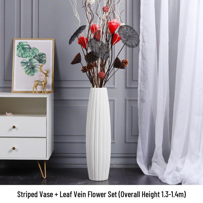 Nordic Minimalist Ceramic White Floor Vase for Dried Flowers and Lucky Bamboo, Living Room Decor