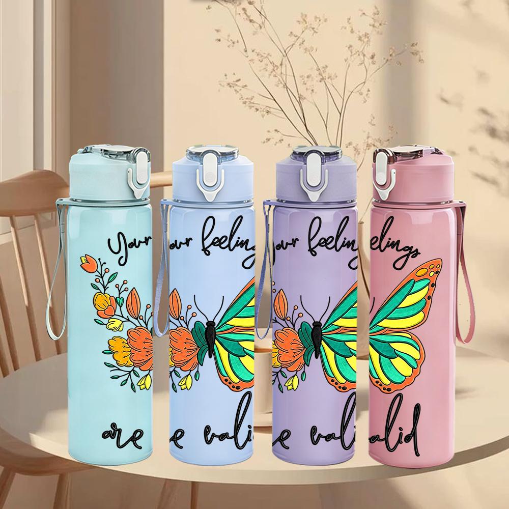 1PC Teal Butterfly Floral Quote 750ml Color Plastic Sports Water Bottle Leakproof Flip Straw Lid Suitable for Sports Office Home Use