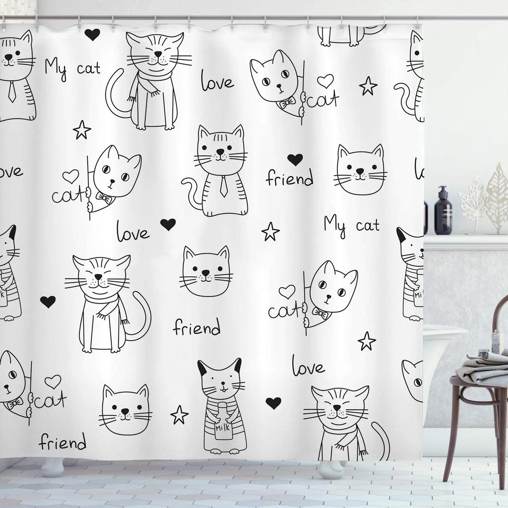 Cute Cat Pattern Shower Curtain - Fun Cartoon Design for Playful Bathroom Décor, Waterproof, Easy Care & Soft Fabric