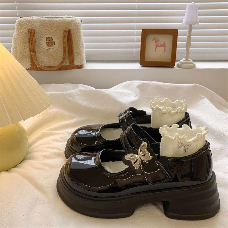 High-heeled Small Leather Shoes, Platform Mary Jane Women's Shoes 2025 New Versatile Bow Thick Heel British Style Heightening Single Shoes