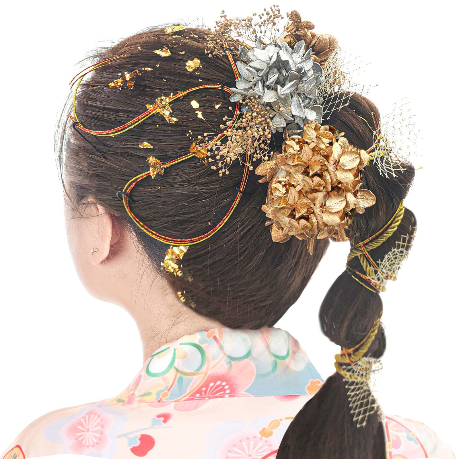 

[JZOON] Hair Ornament, Gold Leaf, Mizuhiki Cord Arrangement, Rope, Gold, Silver, Dried Flowers, Preserved Flowers, Hair Accessory, for Coming-of-Age