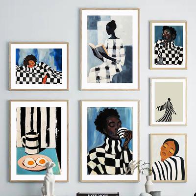 Black Striped Grid Girl Book Coffee Egg Abstract Posters Wall Art Canvas Print Painting Hotel Bar Pictures For Living Room Decor