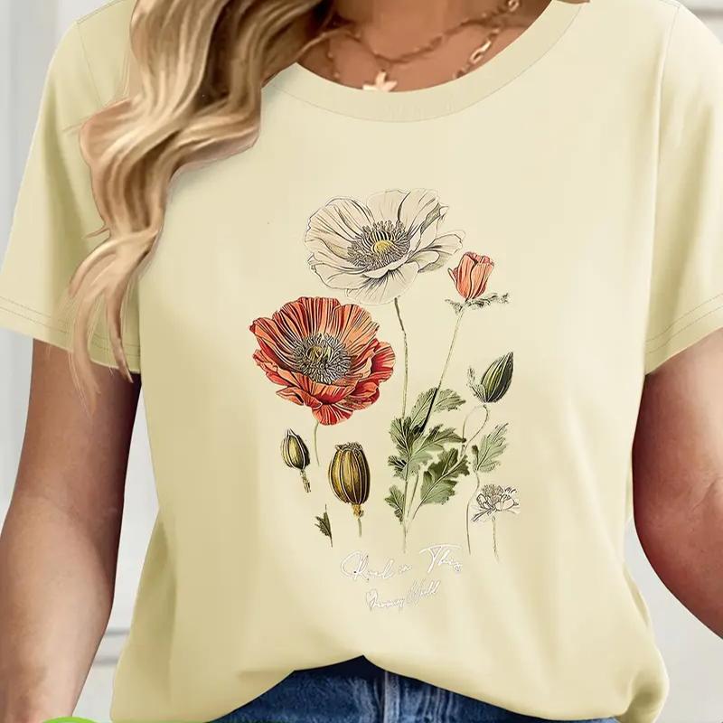 Women Summer T Shirt Retro Fashion Short Sleeve Tees Casual  Flower Printed  Tops