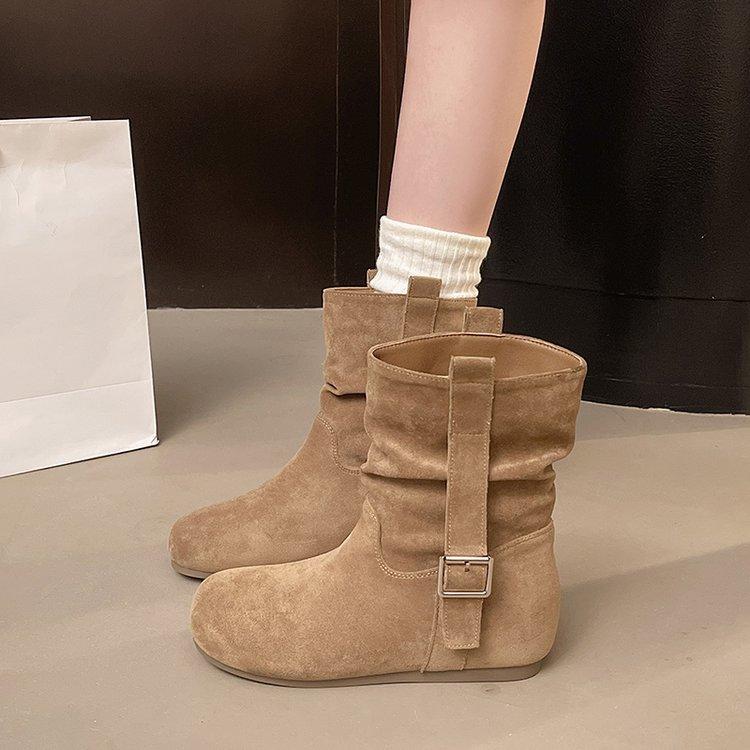 

Корейская версия ботильонов-чулок ручной работы с плиссировкой и круглым носком, женские новые ботильоны средней высоты на тонком толстом каблуке в стиле вестерн-ковбой 40 хаки