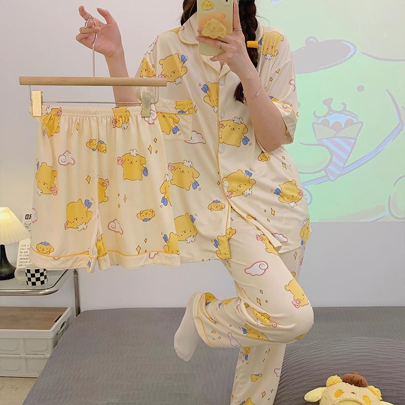 Cartoon Printed Puppy Short Sleeve Trousers Shorts Pajamas Women'S Three-Piece Summer Loungewear