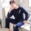 Two Piece Men Autumn and Winter Warm Pyjamas Sets Blue Long Sleeve Elastic Sleepwear Solid Soft Casual O-Neck Homewear