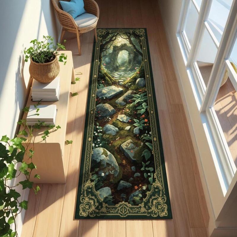 Dreamy Forest Runner Rug Lantern Road Print Floor Decor Carpet Nature Style Non-slip Carpet for Hallway Living Room Bedroom