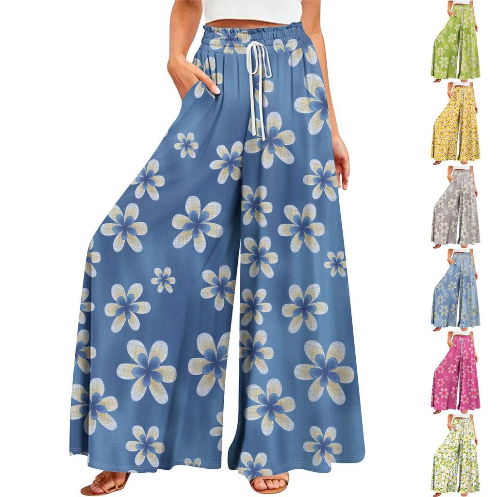 Pantaloni largi de vară pentru femei, cu talie înaltă, buzunare fluide, ocazional, ocazional, pantaloni de plajă imprimați boemi