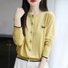 Wool Round-neck Knitted Cardigan with Long Sleeves, Women's Embroidered Loose Top