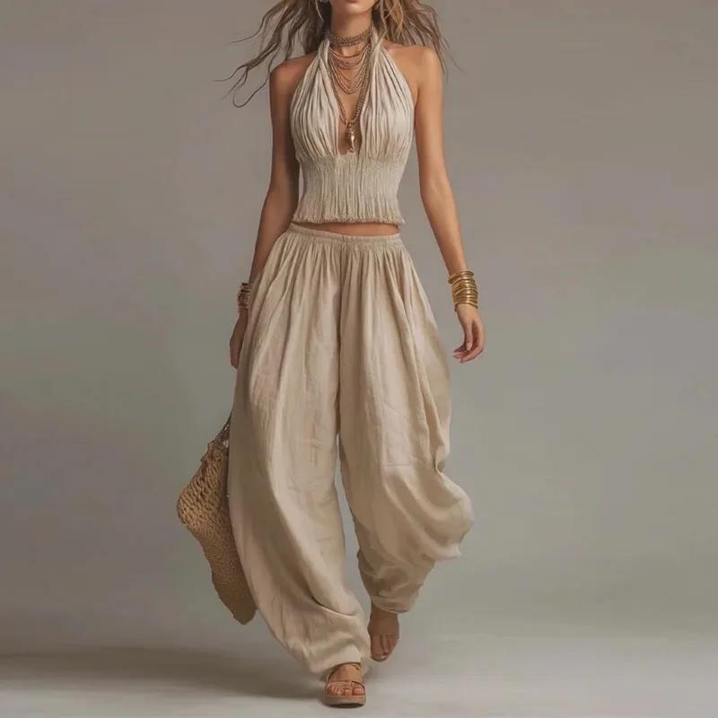 Boho Chic Zestaw Dwuczęściowy Seksowny Top z Wycięciami na Szyi i Elastyczne Luźne Spodnie Garnitur Letni Strój Wakacyjny Zestawy Plażowe