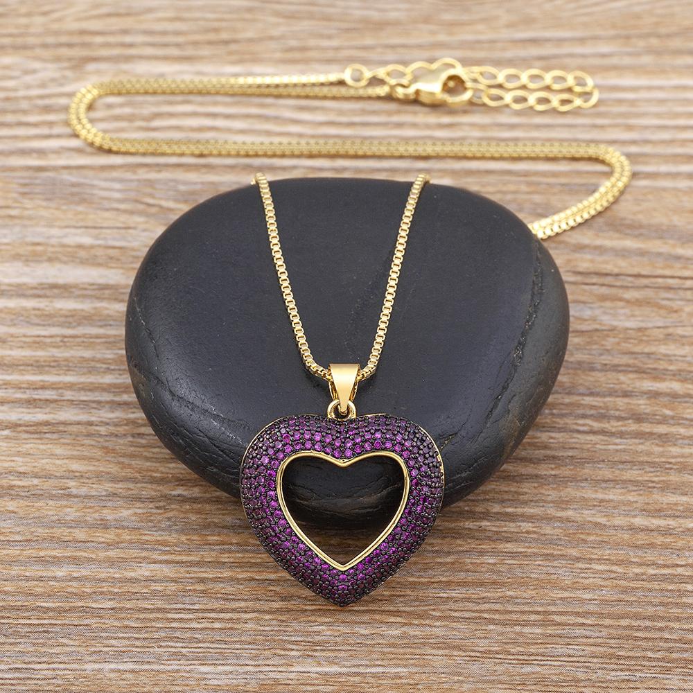 Nidin Top Quality 4 Colors Heart-Shaped Hollow Crystal Zircon Pendant Link Chain Necklace Women's Charm Jewelry Anniversary Gift