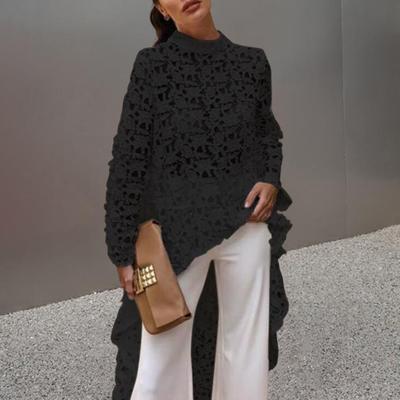 Women Long Top Cutout Irregular Crochet Lace Floral Patchwork See-through Short Front