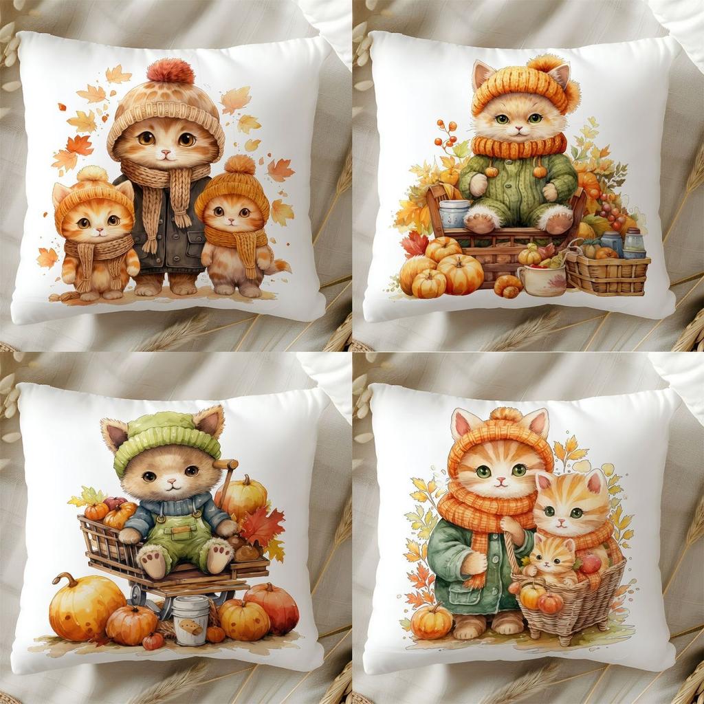 Cartoon Cat Pattern Square Polyester Pillowcase Sofa Living Room Decorative Cushion Cover Bedroom Bedside Pillow Cover