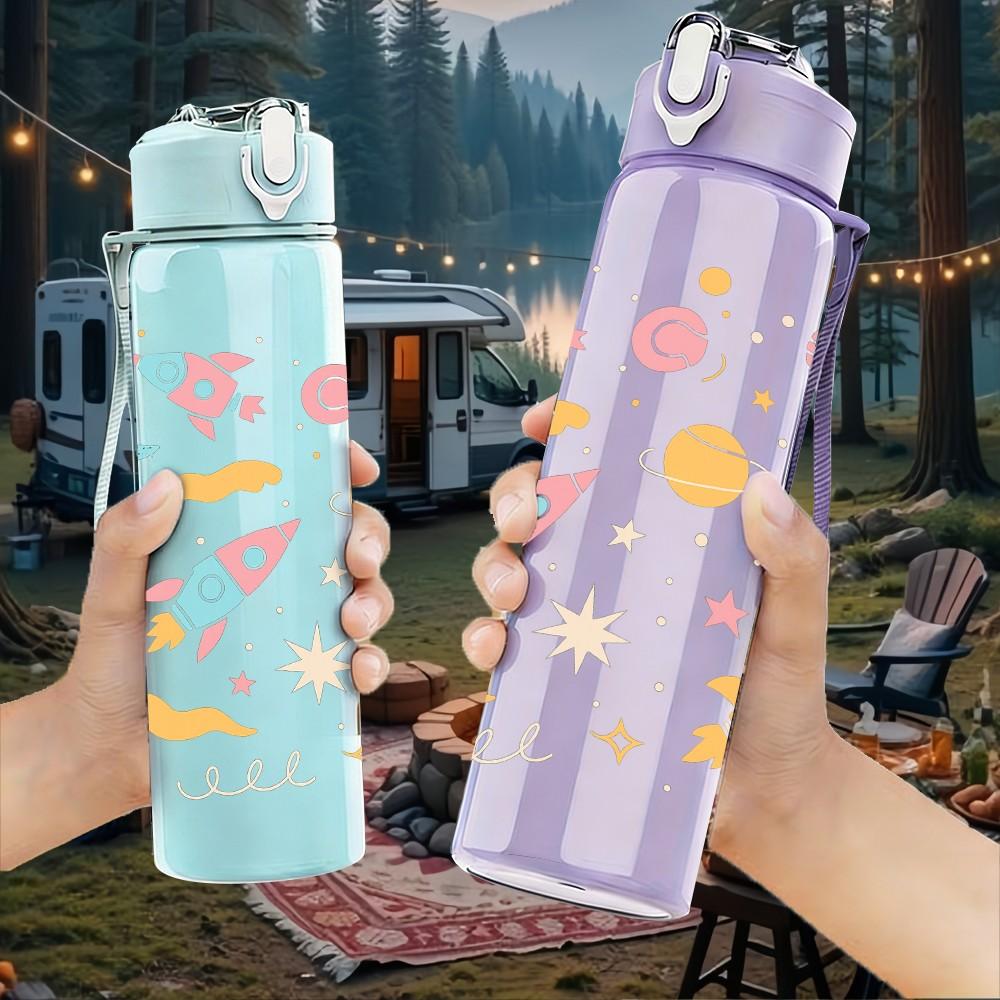 1PC Planet Rocket Space Pattern 750ml Color Plastic Sports Water Bottle Leakproof Flip Straw Lid Suitable for Sports Office Home Use