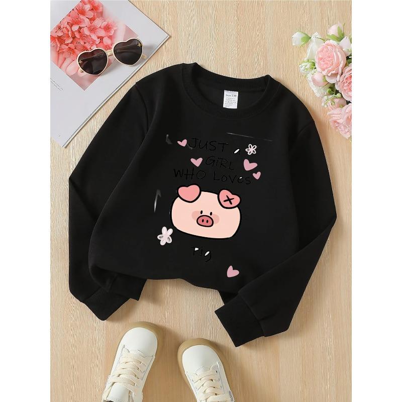 European Sizes Kids' Pig-Themed Hoodie with Hearts & Flower Prints - Soft Round Neck Sweatshirt , Casual Wear with Cute Pig Patterns