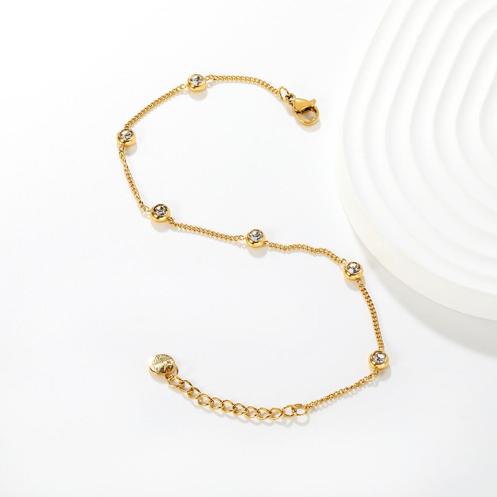Simple and Elegant Fashion Round Diamond Bracelet, Stainless Steel Gold-plated Waterproof Jewelry, Date Accessory Gift for Girls