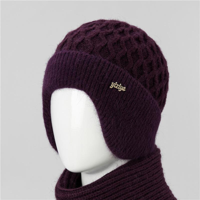 Ji Middle-Aged And Elderly Women'S Basin Hat Grandma Knitted Wool Hat Old Man Hat Rabbit Fur Flower Mother Hat Scarf