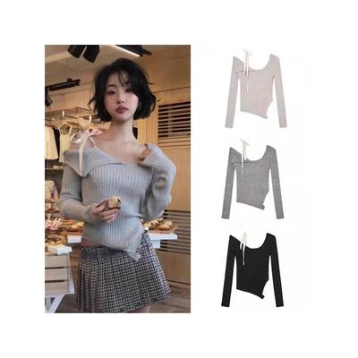 Mulher Jumper Slash Neck Knitwear 2024 Primavera Casual Manga Longa Malha Pullover Feminino Lace-Up High Street Sexy Strapless Tops