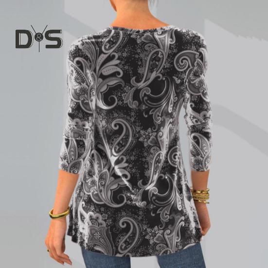 Women Fall Spring Top Vintage Print Round Neck Long Sleeve Button Mid Length A line Soft Pullover Lady Daily Blouse T shirt