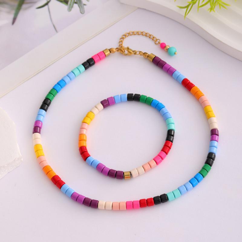 Trendy New Arrival Alloy Colorful Beaded Collarbone Necklace Beaded Chain Bracelet Jewelry Set for Women