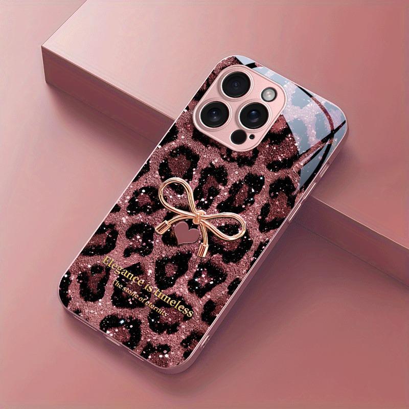 Pink Leopard Print Bow Pattern Metallic Paint Glass Phone Case For iPhone 17 16 15 14 13 12 11 Pro Max 15 Plus 17 Air 16E Cover