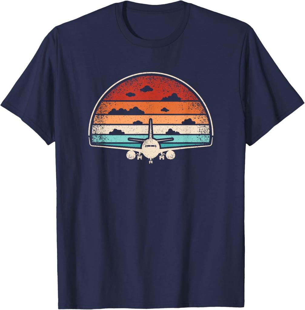Retro Airplane Sunset Graphic Tee Men's Casual Breathable Cotton T-Shirt Pilot Aviator Flying