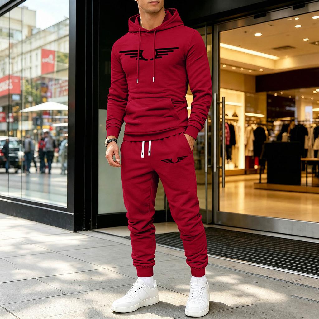 Men's Printed Hooded Sweatshirt and Sweatpants Set Casual Athletic Wear