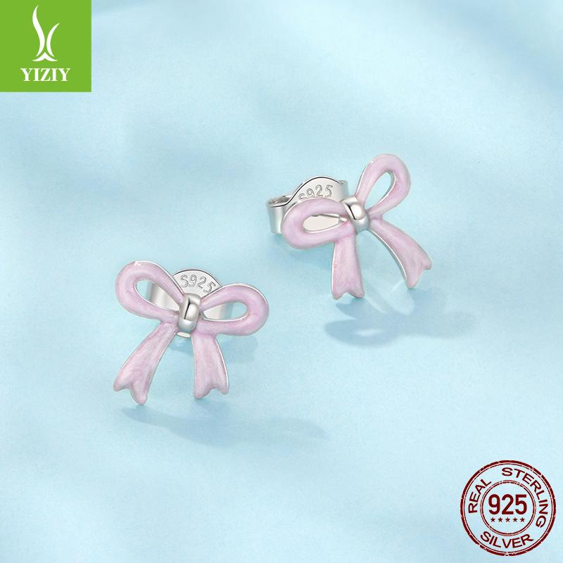Girly Heart Pink Bow Stud Earrings Female Romantic Princess Style S925 Sterling Silver Stud Earrings