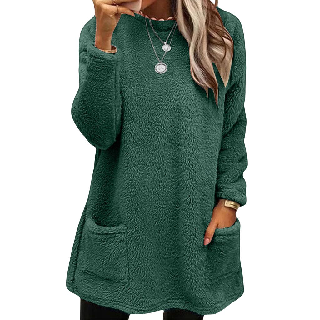 Damenmode, lässig, langärmelig, mit Taschen, Rundhalsausschnitt, lässig, warm, langärmelig