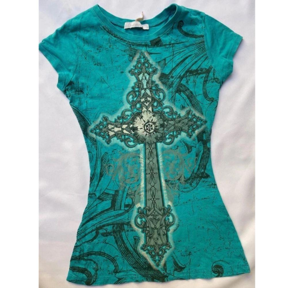 TrendHub Y2k T-Shirt Kreuzdruck Goth Damenkleidung Punk Kurzarm Eng Vintage Japan 2000er Harajuku Rundhals Emo Crop Top Grunge Sommer