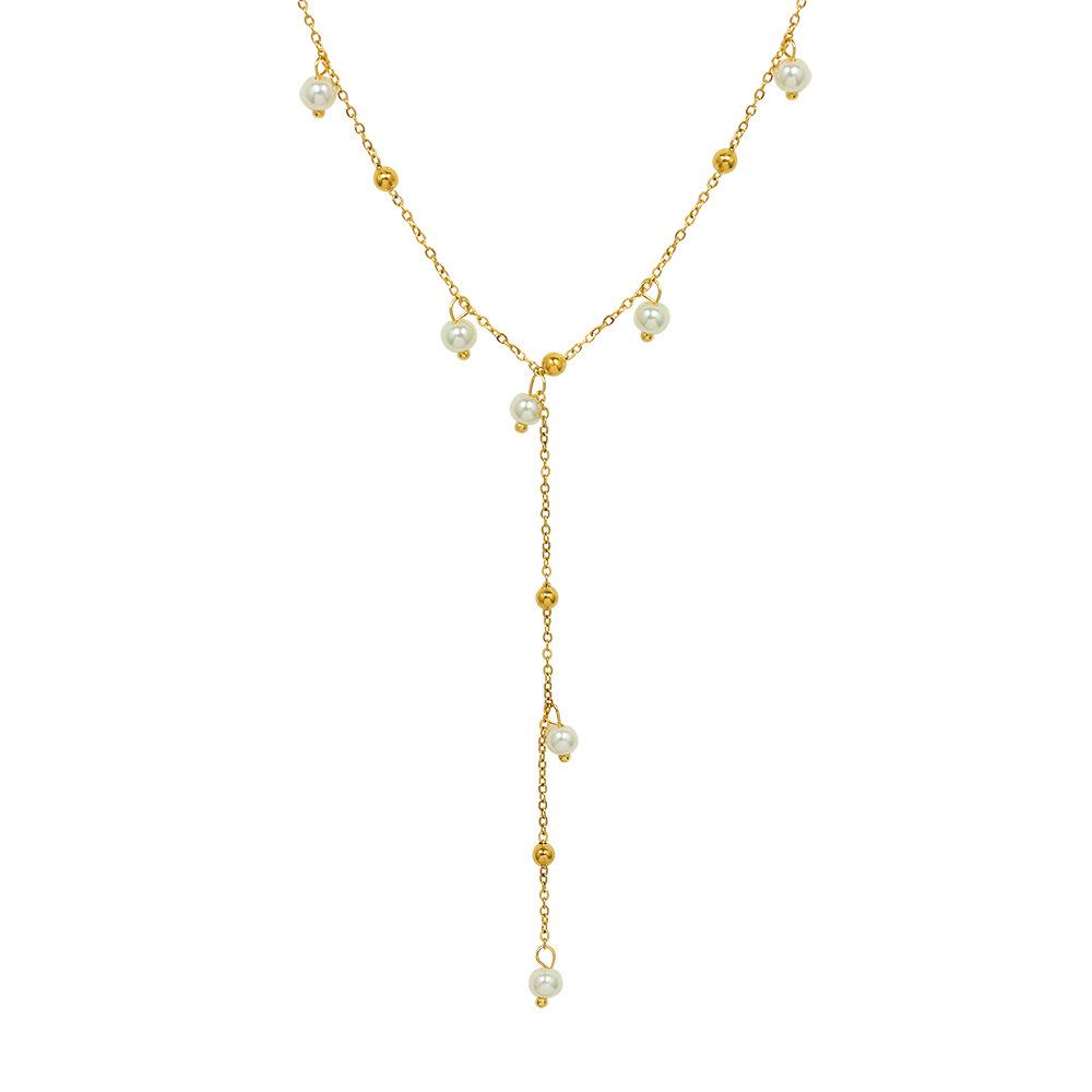 French-Inspired Imitation Pearl Tassel Necklace - Titanium Steel 18K Gold Choker, INS Style Jewelry