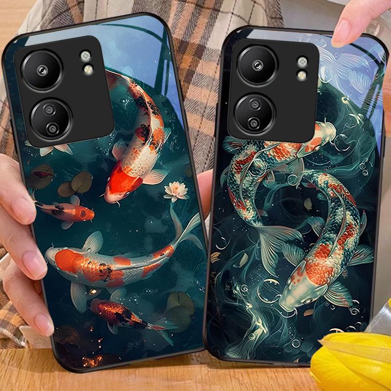 Chinesischer Windfisch Für Xiaomi Redmi 13C Note13 12 Pro Plus 5G Note 9 13T Pro POCO X6 F5 F6 Schwarze Handyhülle aus gehärtetem Glas