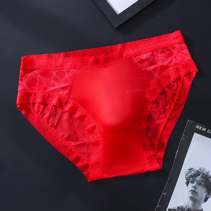 Lace See Through Sissy Pouch Lingerie Panties Men'S Seamless Ice Silk Briefs Thin Breathable Sexy 3D Convex Pouch Underpant