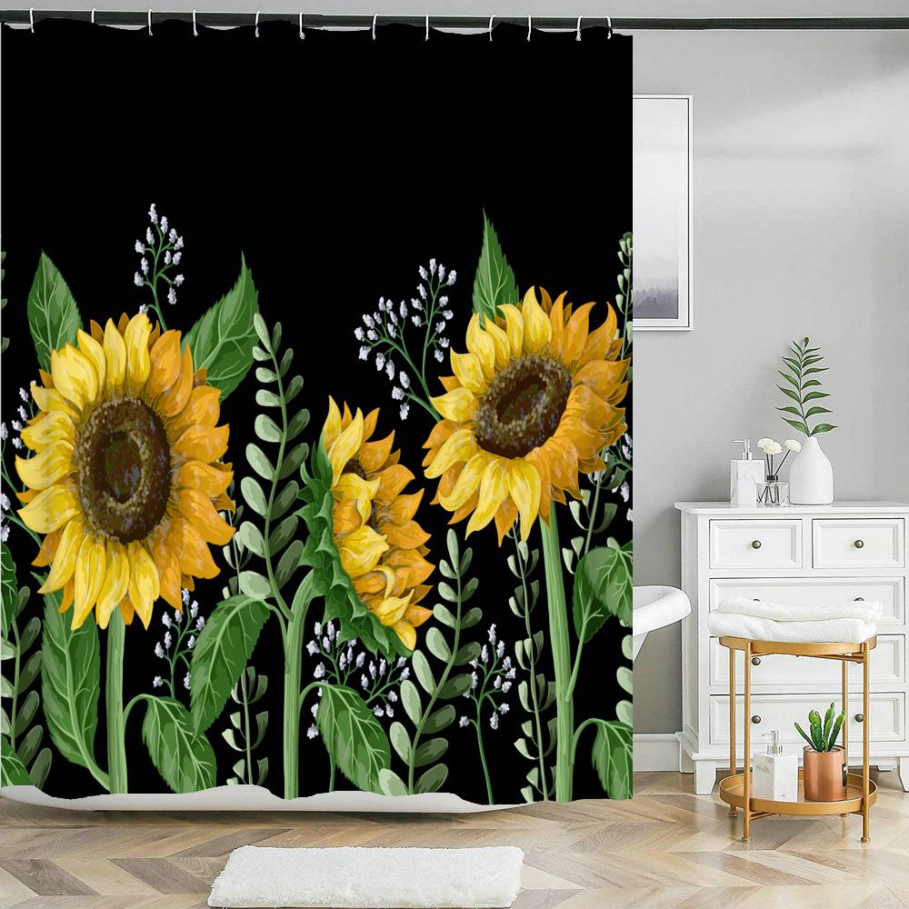 Black and Gold Tropical Plant Palm Leaf Bathroom Shower Curtain Set for Bathtub Exotic Leaves Bath Mats Rugs Toilet Home Decor