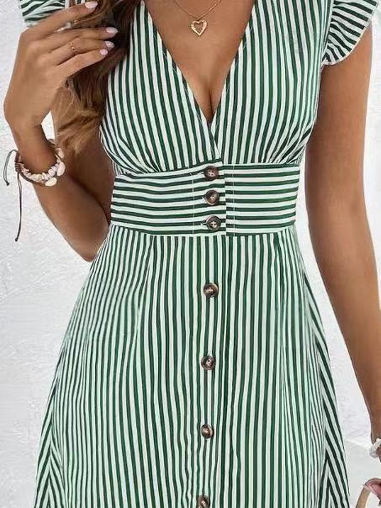 New Summer Women's Fashion Striped Printed V-Neck Flare Sleeve Dress