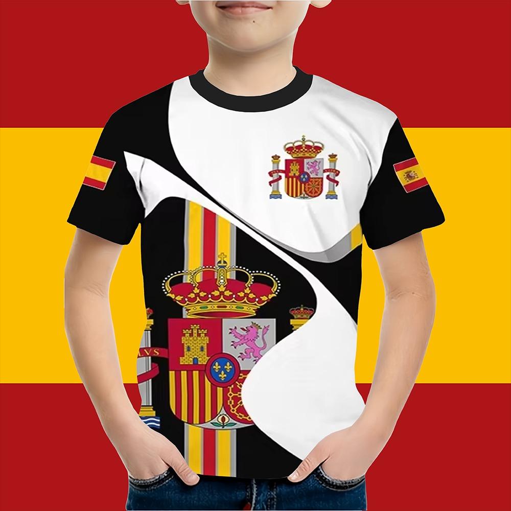Boys Clothes Spanish Flag Graphic T-Shirt Vintage Casual Short Sleeved Kids Clothes 2-14Y Summer Outdoor Spanish Child Top Tee