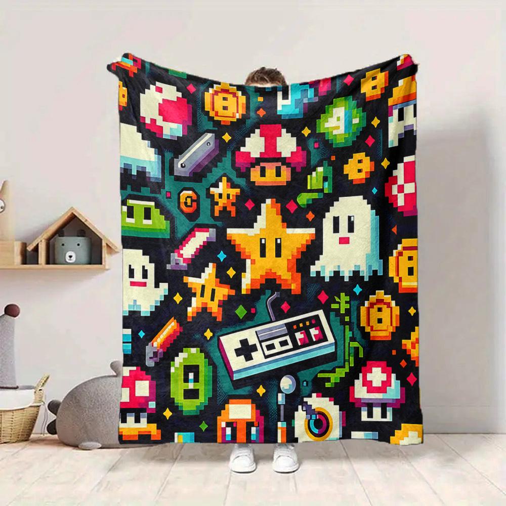 1pc Gaming PixelArt Flannel Throw Blanket HD Printed Lightweight Soft Warm All Season Blanket for Sofa, Bed, Travel, Camping Machine Washable