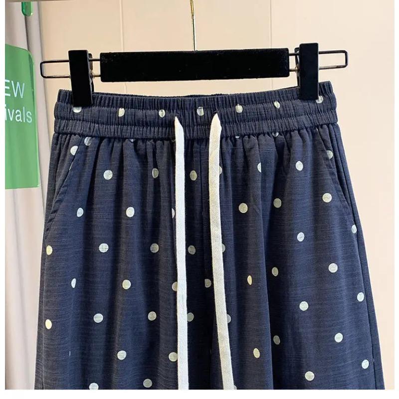 2026 Summer Cotton Linen Polka Dot Trousers Women's Loose Wide Leg Versatile Nine Point Harem Pants Korean Version Lantern Pants