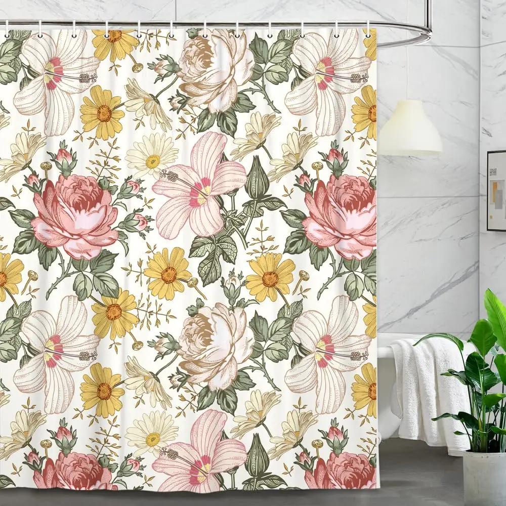Bohemian Floral Shower Curtain Watercolor Botanical Tropical Palm Leaf Butterfly Modern Simple Polyester Bathroom Decor Curtains