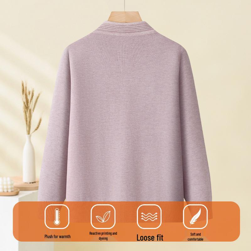 Elegant Embroidered Knit Zipper Cardigan for Middle-Aged & Elderly Women - Autumn/Winter Velvet Pullover