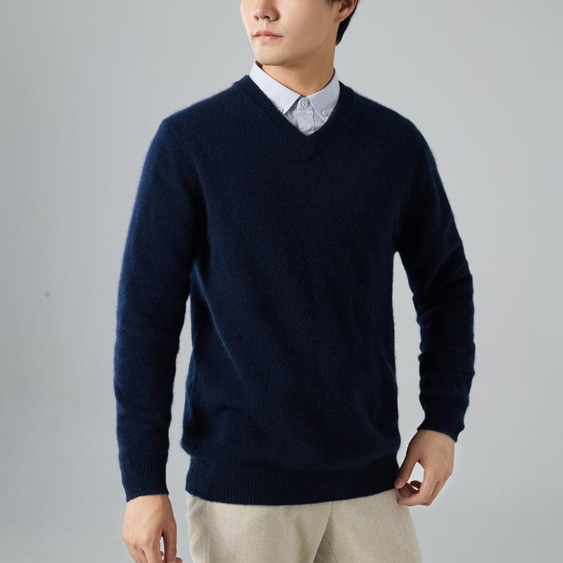 2025 New Thickened V-neck Cashmere Sweater Classic Simple Warm Knitted Sweater Solid Color Wool Sweater