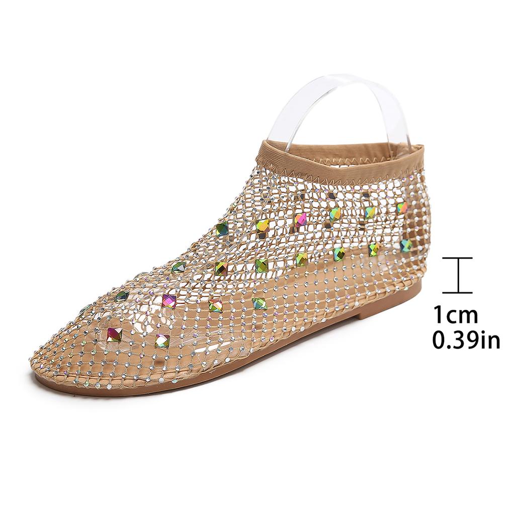 Fashion Low-cut Women's Flat Sandals Summer Mesh Hollow Breathable Outdoor Beach Fashion Rhinestone Decorative Baotou Sandals.