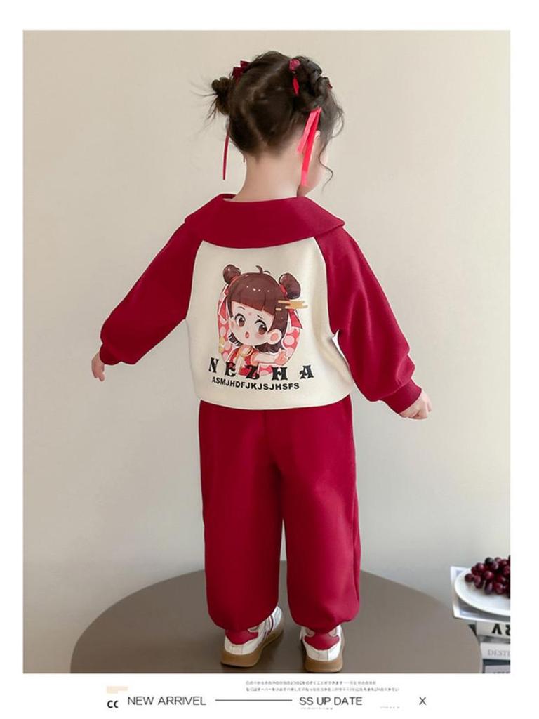 Meng Tang Tang Spring Collection: Korean Style Nezha Hoodie & Cartoon Jacket Set for Baby Girls