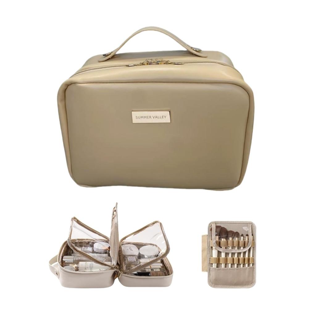 Aylashine Large Capacity Makeup Multifunctional Divided Travel Bag for PU Simple Easy To Makeup Brush Opens 180 Degrees To Lay Flat Acorn Brown Pouch,