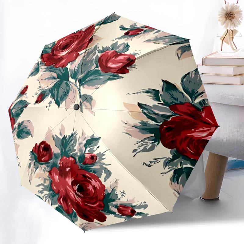 1pc Floral Roses Automatic Folding Umbrella, 8-Rib Sturdy Canopy, Portable Travel Umbrella for Outdoor Use
